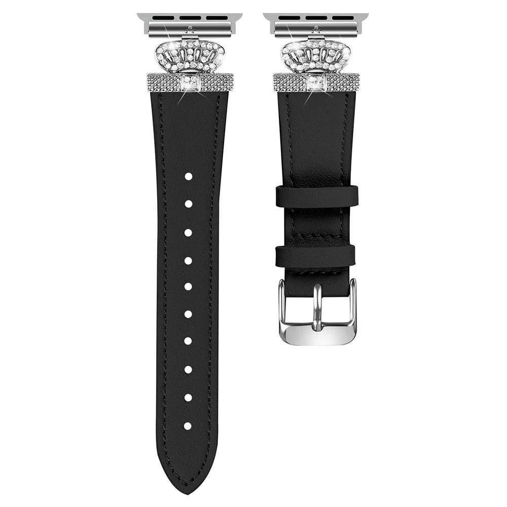 Leather Strap for Apple Watch Ultra 3 2 1 49mm / Series 11 10 46mm / 9 8 7 45mm / SE3 SE2 SE 6 5 4 44mm / 3 2 1 42mm with Silver Buckle - Black - 1