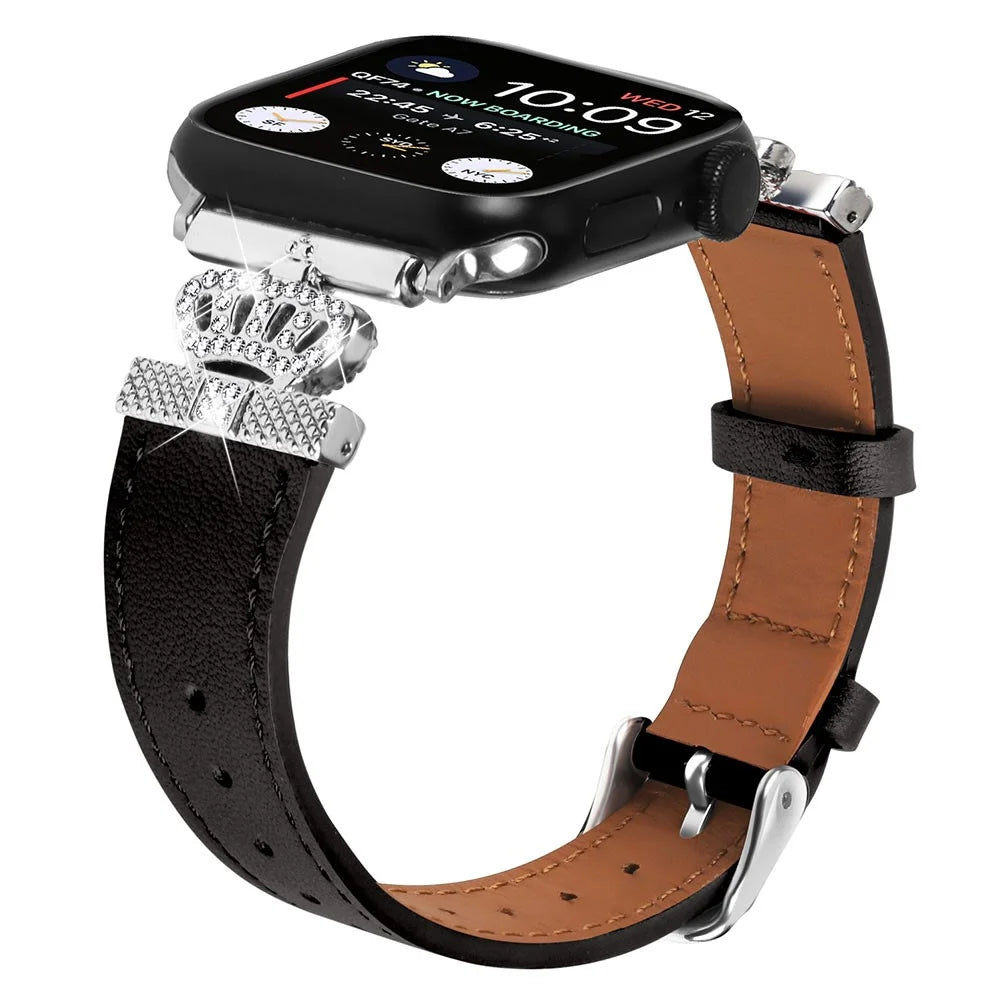 Leather Strap for Apple Watch Ultra 3 2 1 49mm / Series 11 10 46mm / 9 8 7 45mm / SE3 SE2 SE 6 5 4 44mm / 3 2 1 42mm with Silver Buckle - Black - 3