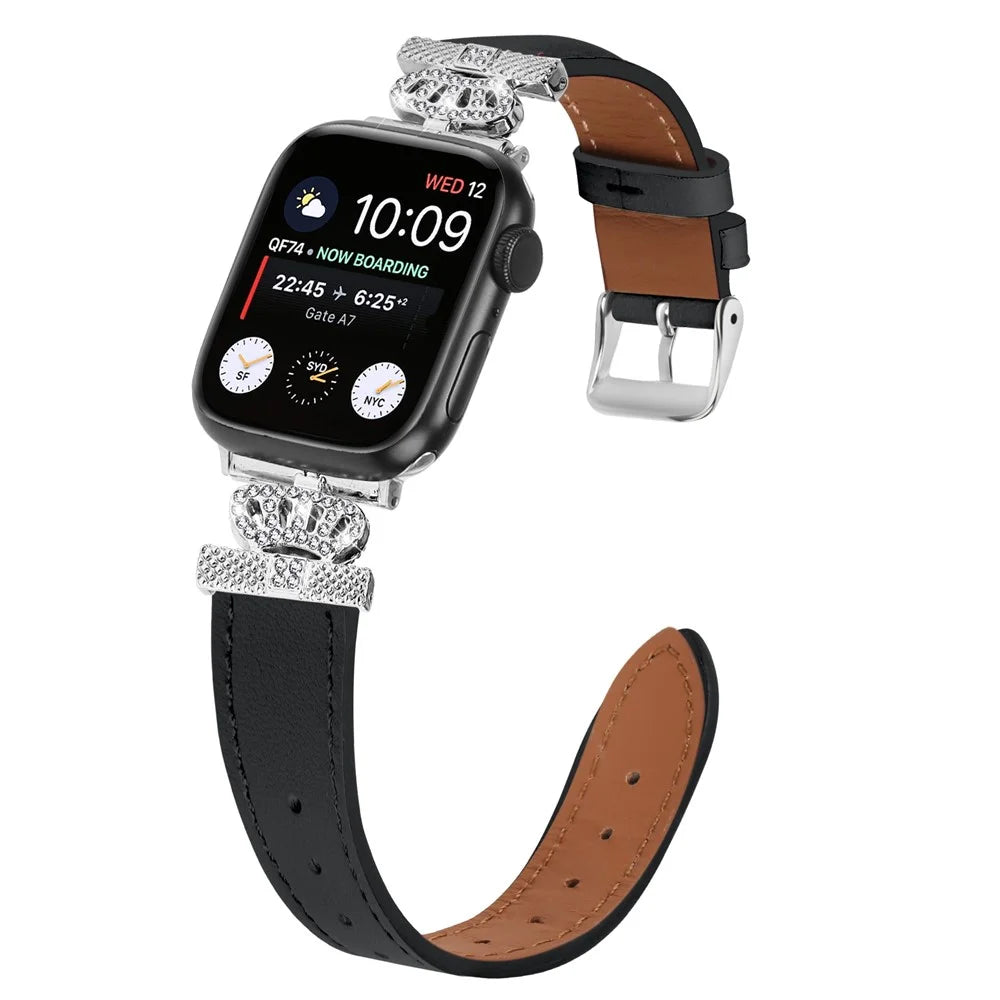 Leather Strap for Apple Watch Ultra 3 2 1 49mm / Series 11 10 46mm / 9 8 7 45mm / SE3 SE2 SE 6 5 4 44mm / 3 2 1 42mm with Silver Buckle - Black - 4