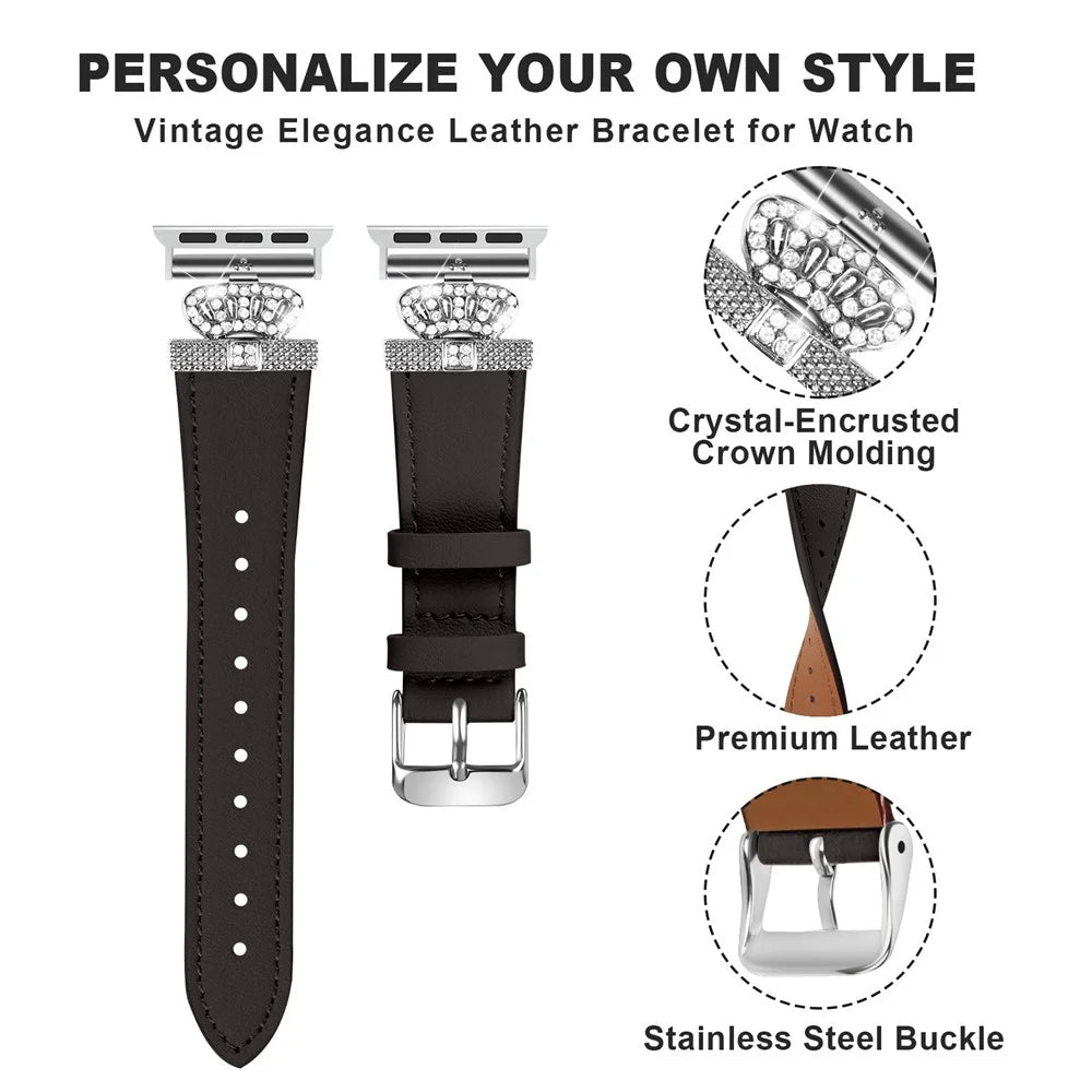 Leather Strap for Apple Watch Ultra 3 2 1 49mm / Series 11 10 46mm / 9 8 7 45mm / SE3 SE2 SE 6 5 4 44mm / 3 2 1 42mm with Silver Buckle - Black - 5