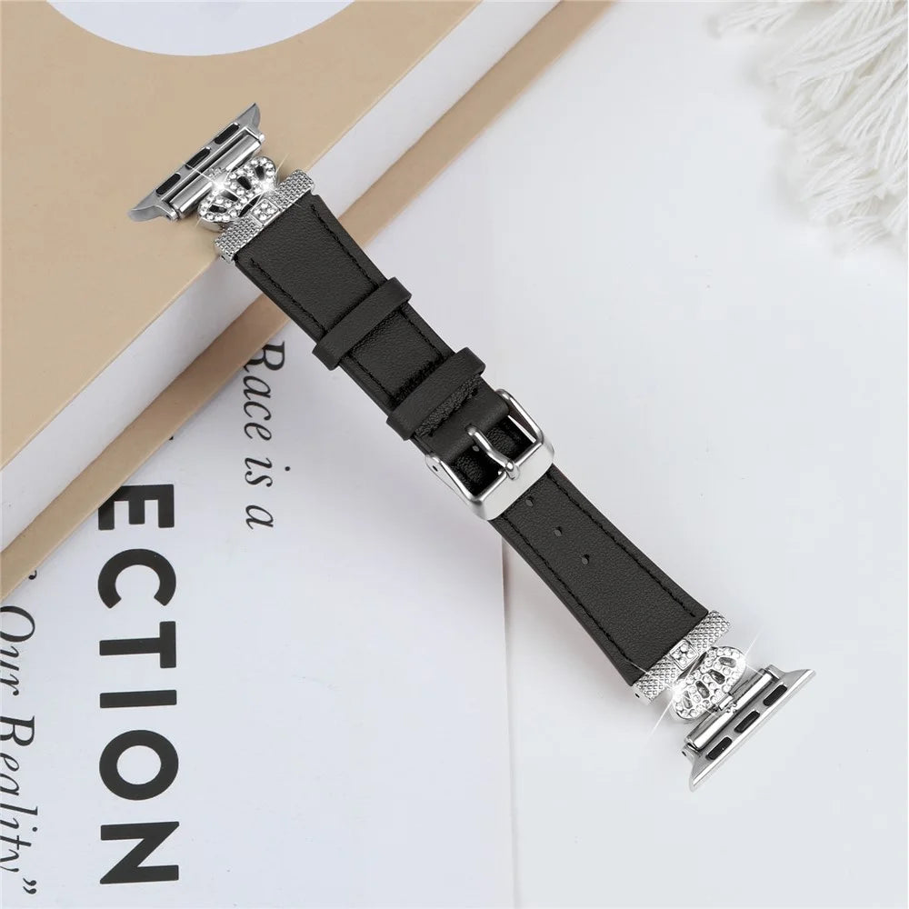 Leather Strap for Apple Watch Ultra 3 2 1 49mm / Series 11 10 46mm / 9 8 7 45mm / SE3 SE2 SE 6 5 4 44mm / 3 2 1 42mm with Silver Buckle - Black - 6