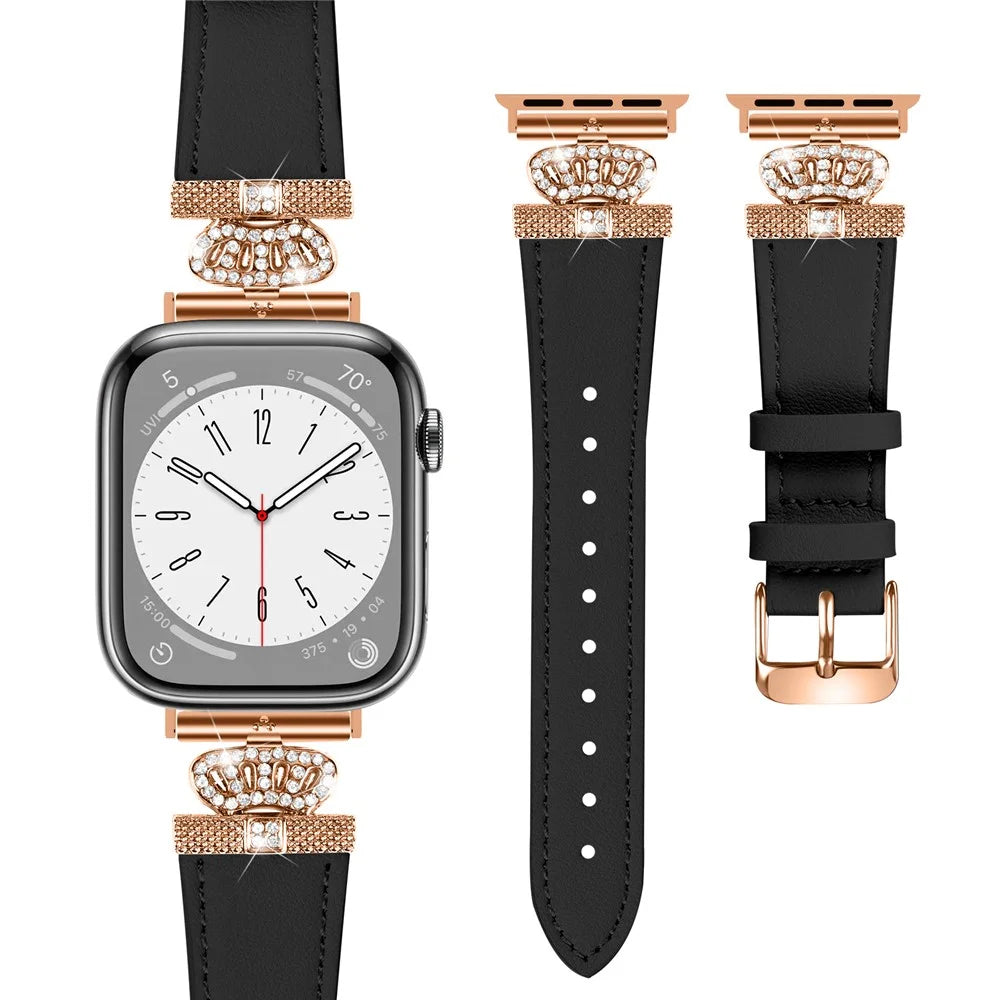 For Apple Watch Ultra 3 2 1 49mm / Series 11 10 46mm / 9 8 7 45mm / SE3 SE2 SE 6 5 4 44mm / 3 2 1 42mm Leather Strap with Rose Gold Buckle - Black - 2
