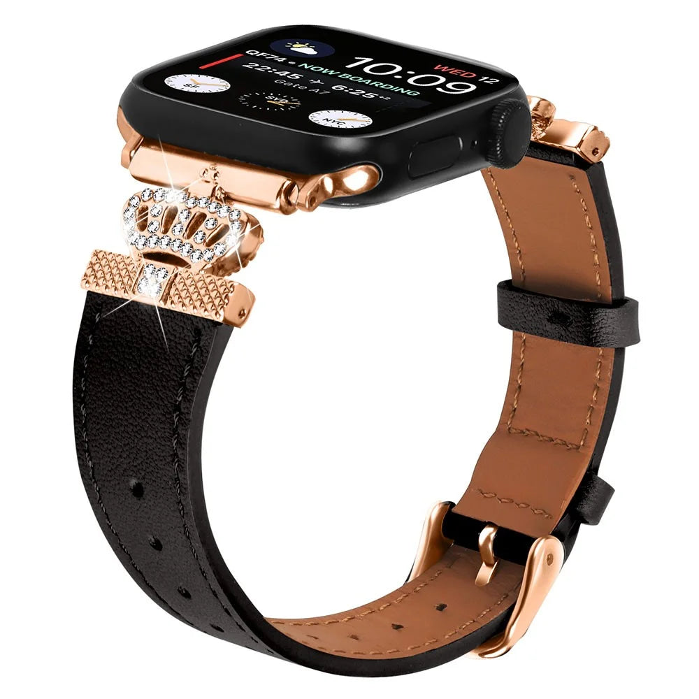 For Apple Watch Ultra 3 2 1 49mm / Series 11 10 46mm / 9 8 7 45mm / SE3 SE2 SE 6 5 4 44mm / 3 2 1 42mm Leather Strap with Rose Gold Buckle - Black - 3