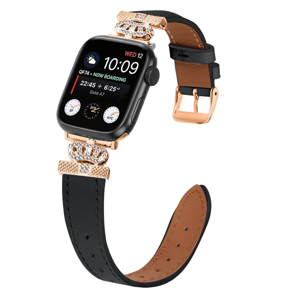 For Apple Watch Ultra 3 2 1 49mm / Series 11 10 46mm / 9 8 7 45mm / SE3 SE2 SE 6 5 4 44mm / 3 2 1 42mm Leather Strap with Rose Gold Buckle - Black - 4