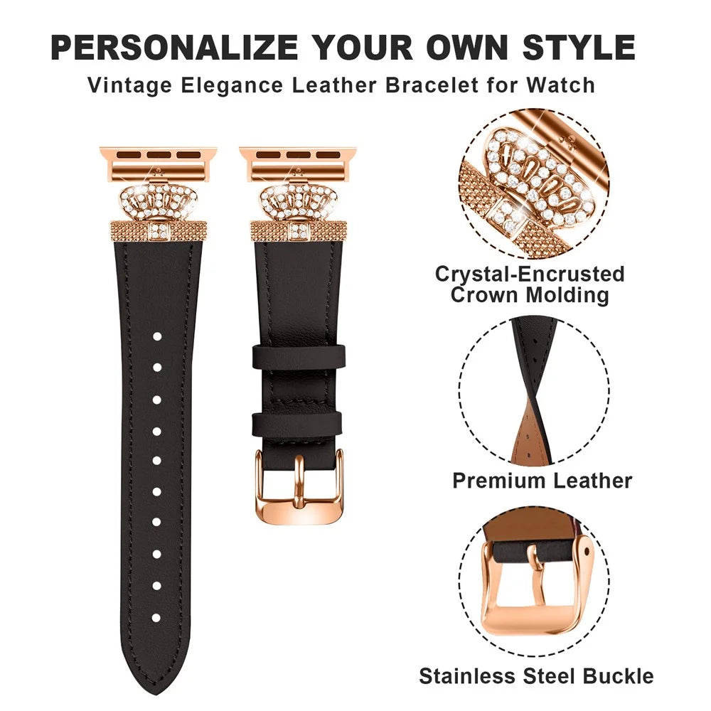 For Apple Watch Ultra 3 2 1 49mm / Series 11 10 46mm / 9 8 7 45mm / SE3 SE2 SE 6 5 4 44mm / 3 2 1 42mm Leather Strap with Rose Gold Buckle - Black - 5