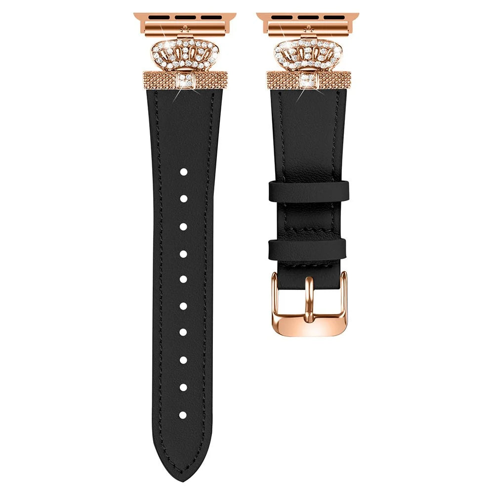 Genuine Cow Leather Strap for Apple Watch Series 11 10 42mm / 9 8 7 41mm / SE3 SE2 SE 6 5 4 40mm / 3 2 1 38mm Band with Rose Gold Buckle - Black - 1