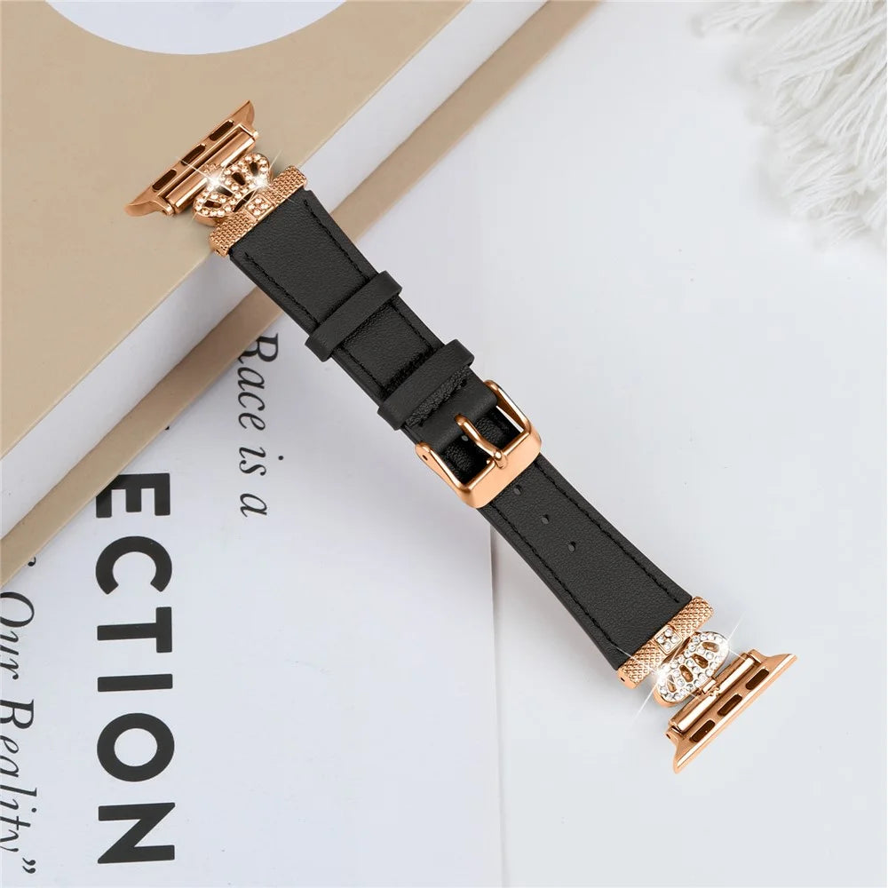 Genuine Cow Leather Strap for Apple Watch Series 11 10 42mm / 9 8 7 41mm / SE3 SE2 SE 6 5 4 40mm / 3 2 1 38mm Band with Rose Gold Buckle - Black - 6