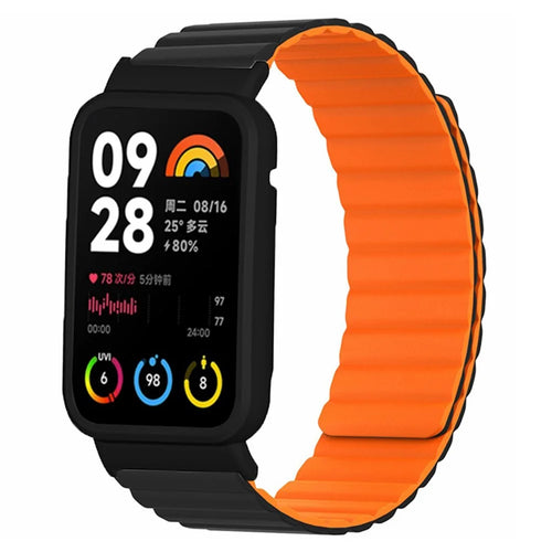 For Xiaomi Smart Band 8 Pro Silicone Watch Band Magnetic Strap with Black Watch Case - Black+Orange - 1