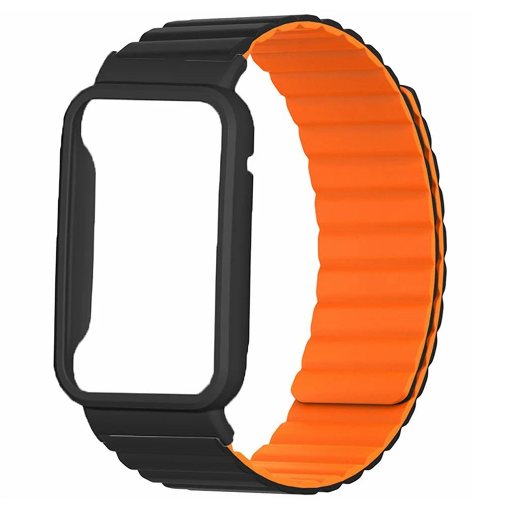 For Xiaomi Smart Band 8 Pro Silicone Watch Band Magnetic Strap with Black Watch Case - Black+Orange - 2