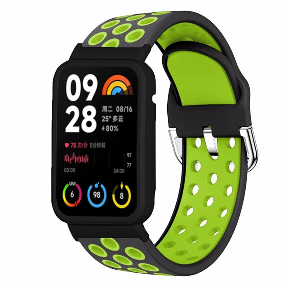 For Xiaomi Smart Band 8 Pro Silicone Watch Bands Replacement Strap with Watch Case - Black+Green - 1