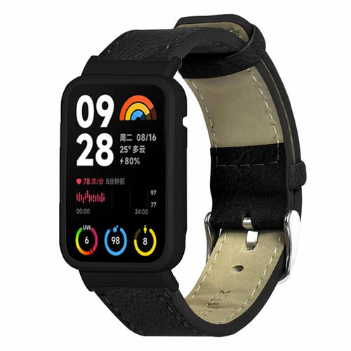 For Xiaomi Smart Band 8 Pro Leather Watch Bands Replacement Strap with Black Watch Case - Black - 1