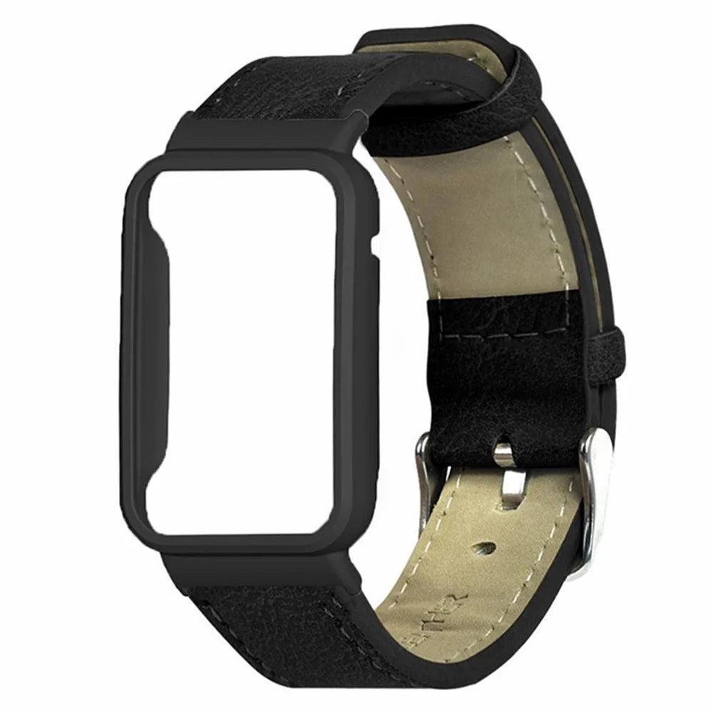 For Xiaomi Smart Band 8 Pro Leather Watch Bands Replacement Strap with Black Watch Case - Black - 2