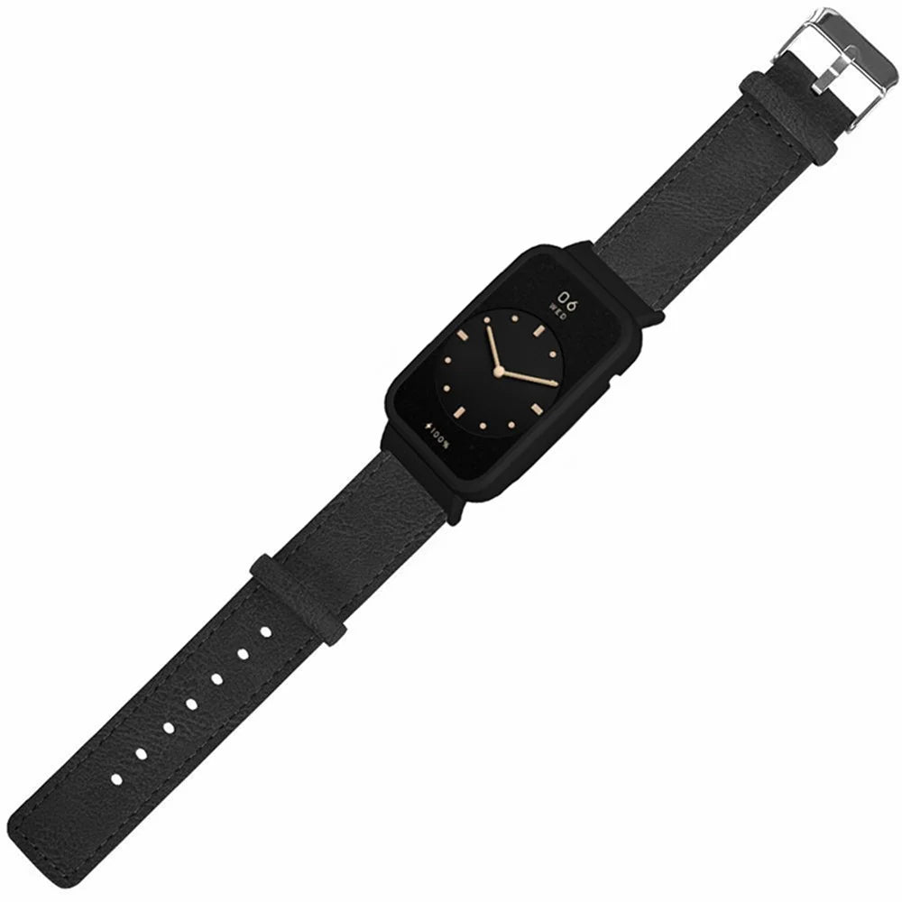 For Xiaomi Smart Band 8 Pro Leather Watch Bands Replacement Strap with Black Watch Case - Black - 3