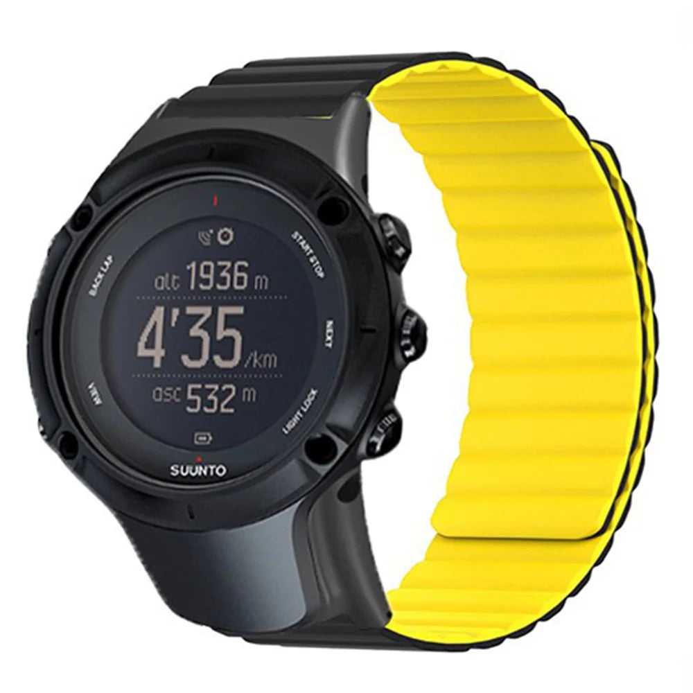 For Sunnto Ambit 3 / Ambit 3 Sport / Ambit 3 Run Silicone Sport Strap Magnetic Watch Band - Black+Yellow - 2