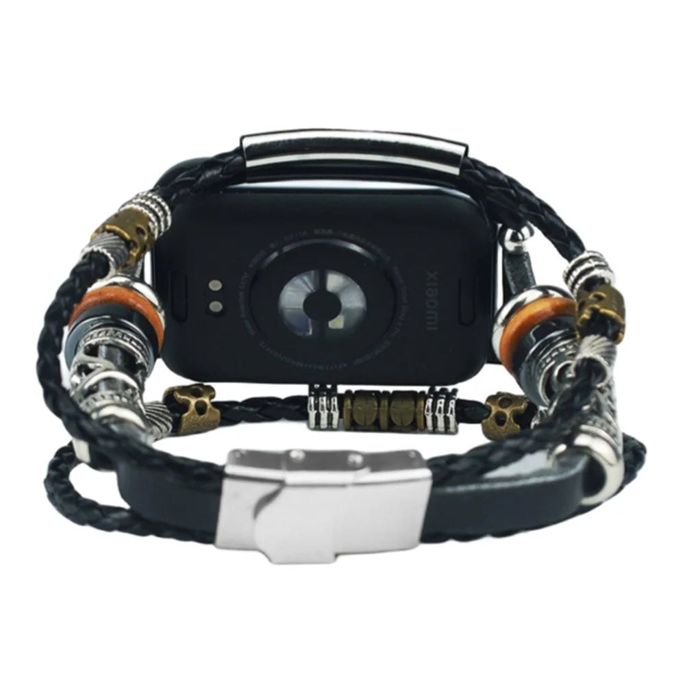 For Xiaomi Smart Band 10 Pro / 9 Pro / 8 Pro / Redmi Watch 6 / 5 / 4 Watch Band Ethnic Style Leather Braided Beaded DIY Bracelet - Black - 1