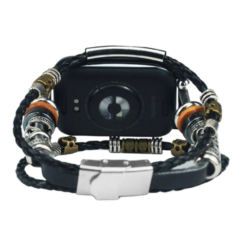 For Xiaomi Smart Band 10 Pro / 9 Pro / 8 Pro / Redmi Watch 6 / 5 / 4 Watch Band Ethnic Style Leather Braided Beaded DIY Bracelet - Black - 1