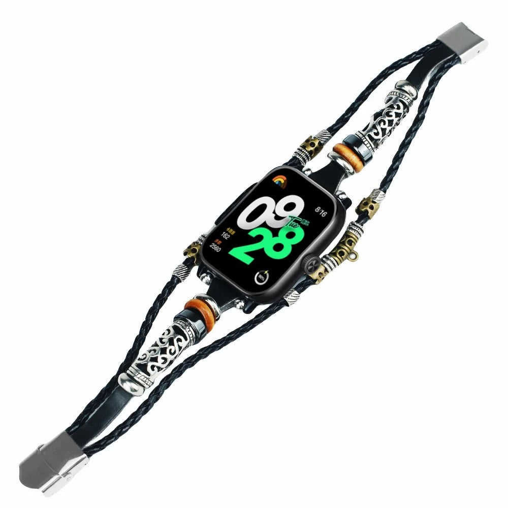 For Xiaomi Smart Band 10 Pro / 9 Pro / 8 Pro / Redmi Watch 6 / 5 / 4 Watch Band Ethnic Style Leather Braided Beaded DIY Bracelet - Black - 2