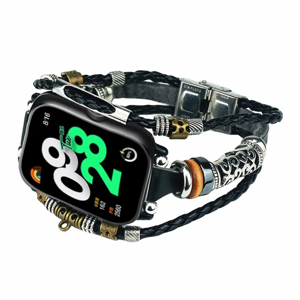 For Xiaomi Smart Band 10 Pro / 9 Pro / 8 Pro / Redmi Watch 6 / 5 / 4 Watch Band Ethnic Style Leather Braided Beaded DIY Bracelet - Black - 3
