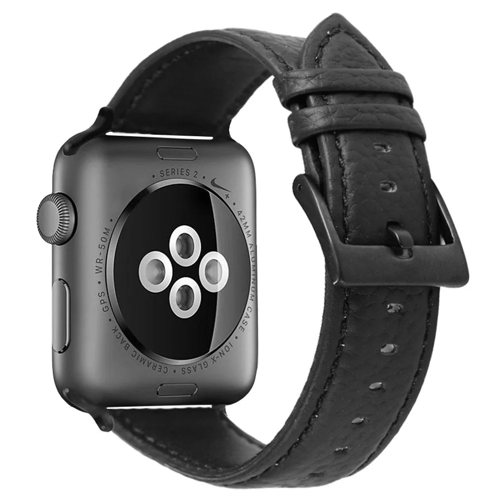 For Apple Watch Ultra 3 2 1 49mm / Series 11 10 46mm / 9 8 7 45mm / SE3 SE2 SE 6 5 4 44mm / 3 2 1 42mm Genuine Cow Leather Watch Band - Black - 1