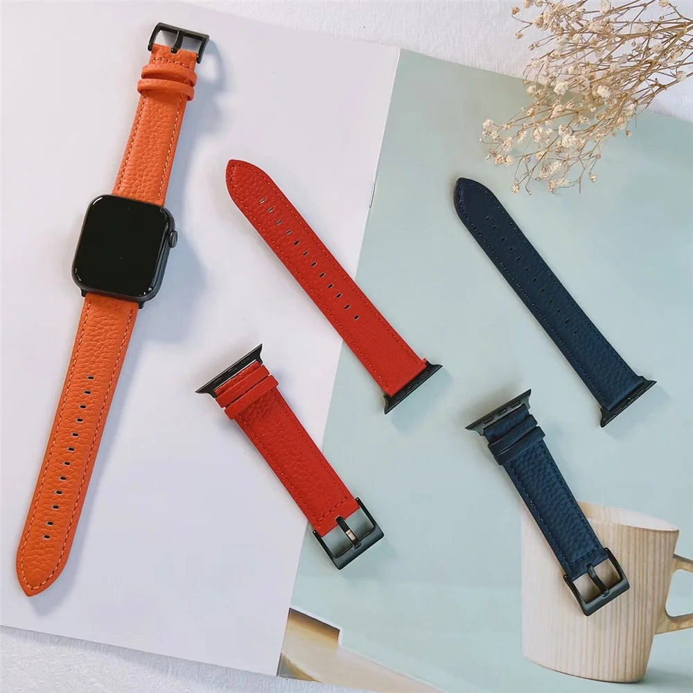 For Apple Watch Ultra 3 2 1 49mm / Series 11 10 46mm / 9 8 7 45mm / SE3 SE2 SE 6 5 4 44mm / 3 2 1 42mm Genuine Cow Leather Watch Band - Black - 3