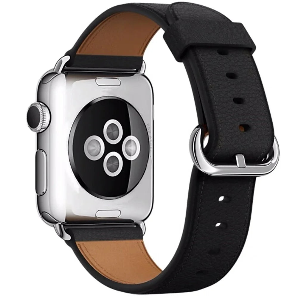Watch Band for Apple Watch Series 11 10 42mm / 9 8 7 41mm / SE3 SE2 SE 6 5 4 40mm / 3 2 1 38mm Genuine Cow Leather Watch Strap - Black - 1