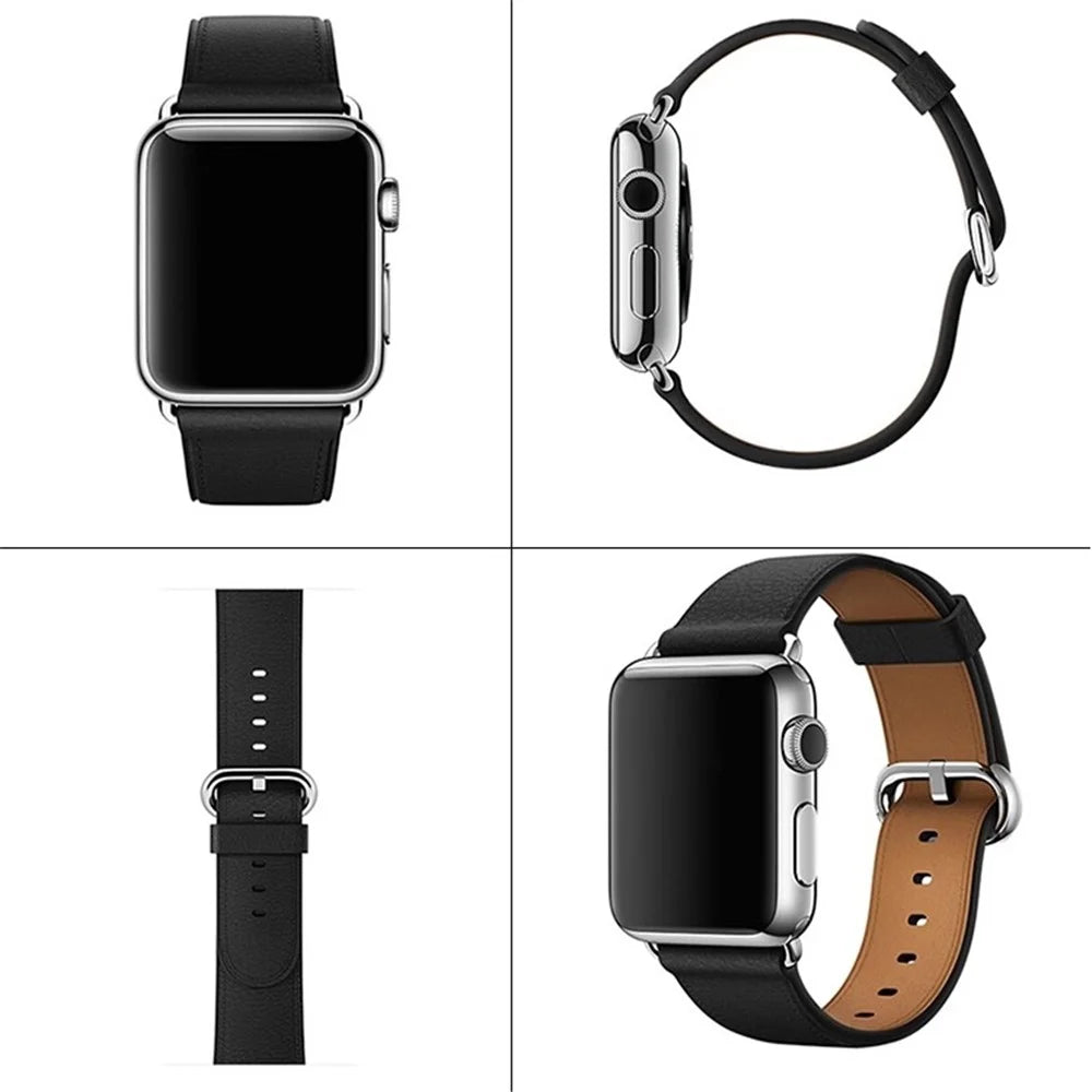 For Apple Watch Ultra 3 2 1 49mm / Series 11 10 46mm / 9 8 7 45mm / SE3 SE2 SE 6 5 4 44mm / 3 2 1 42mm Genuine Cow Leather Watch Strap - Black - 3
