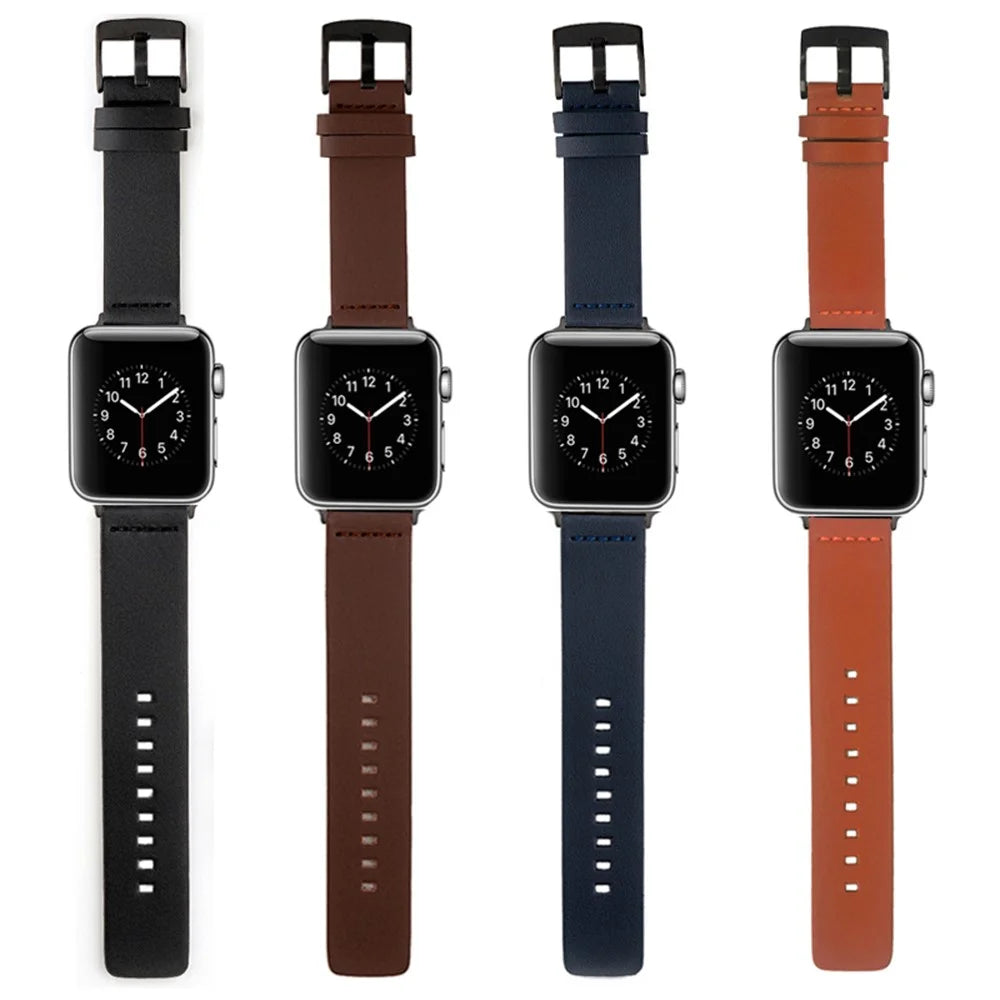 For Apple Watch Ultra 3 2 1 49mm / Series 11 10 46mm / 9 8 7 45mm / SE3 SE2 SE 6 5 4 44mm / 3 2 1 42mm Genuine Cow Leather Watch Band - Black - 2