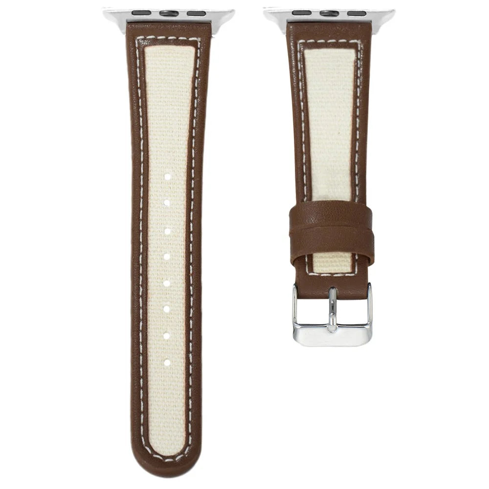 Watch Band for Apple Watch Series 11 10 42mm / 9 8 7 41mm / SE3 SE2 SE 6 5 4 40mm / 3 2 1 38mm Cow Leather+Fabric Wrist Strap - Dark Brown / White - 2
