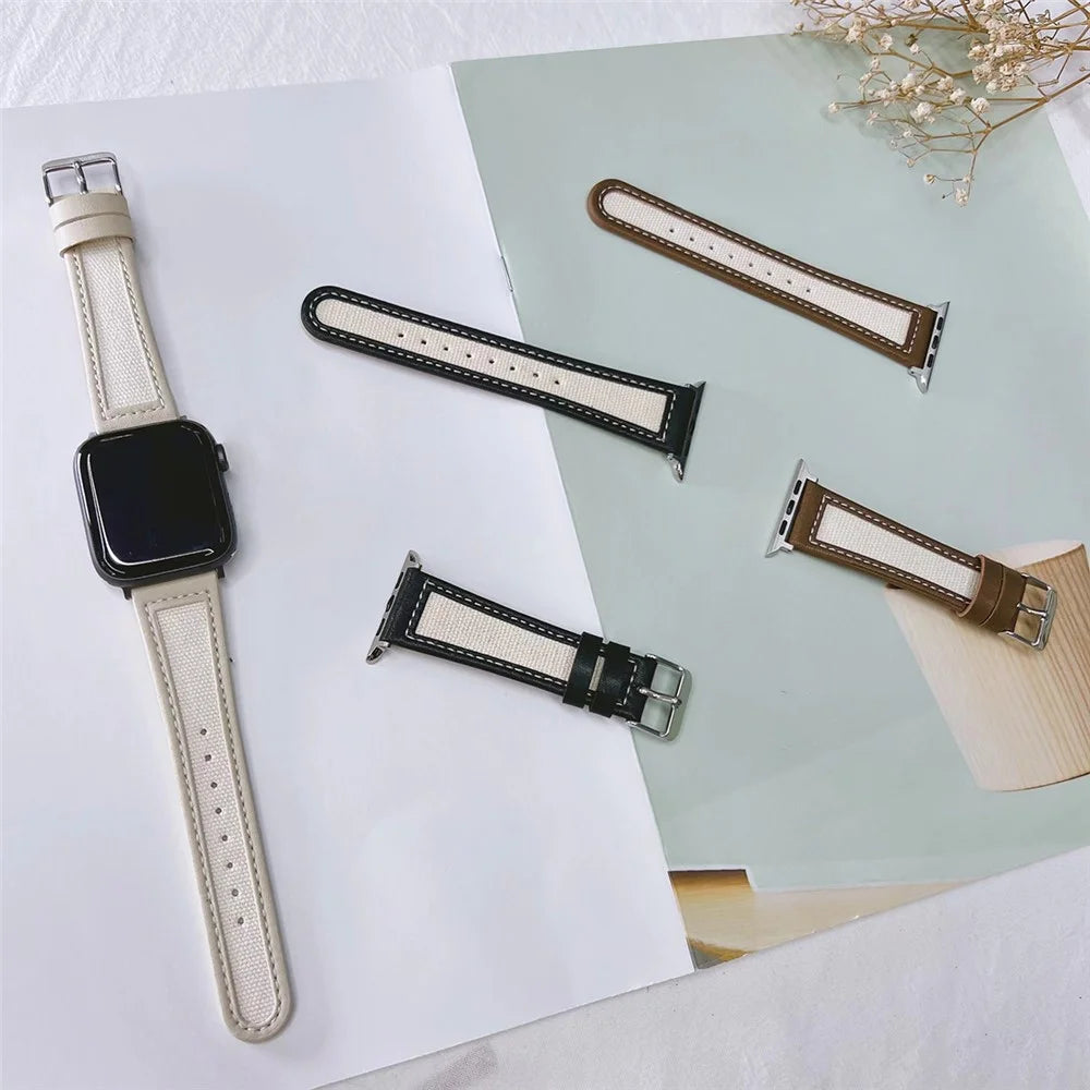 Watch Band for Apple Watch Series 11 10 42mm / 9 8 7 41mm / SE3 SE2 SE 6 5 4 40mm / 3 2 1 38mm Cow Leather+Fabric Wrist Strap - Dark Brown / White - 3