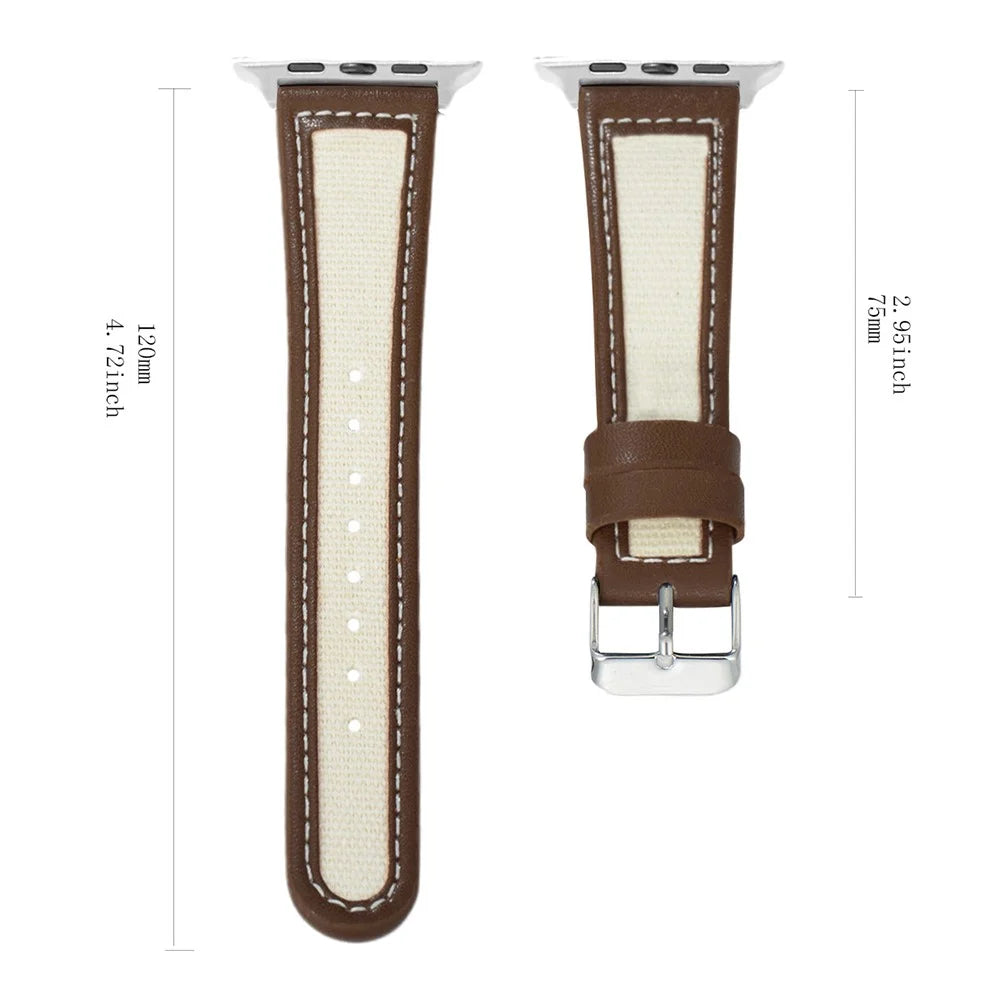 Watch Band for Apple Watch Series 11 10 42mm / 9 8 7 41mm / SE3 SE2 SE 6 5 4 40mm / 3 2 1 38mm Cow Leather+Fabric Wrist Strap - Dark Brown / White - 4