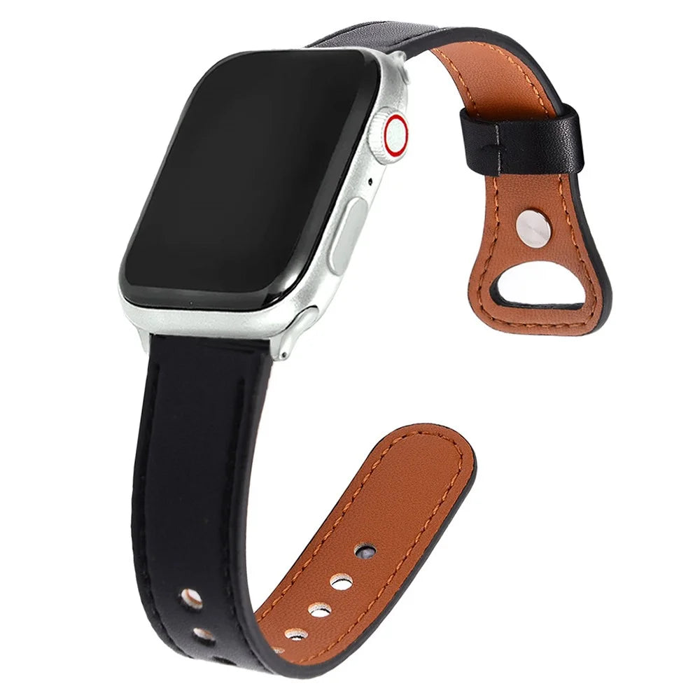 Watch Band for Apple Watch Series 11 10 42mm / 9 8 7 41mm / SE3 SE2 SE 6 5 4 40mm / 3 2 1 38mm Cow Leather Watch Strap - Black - 2