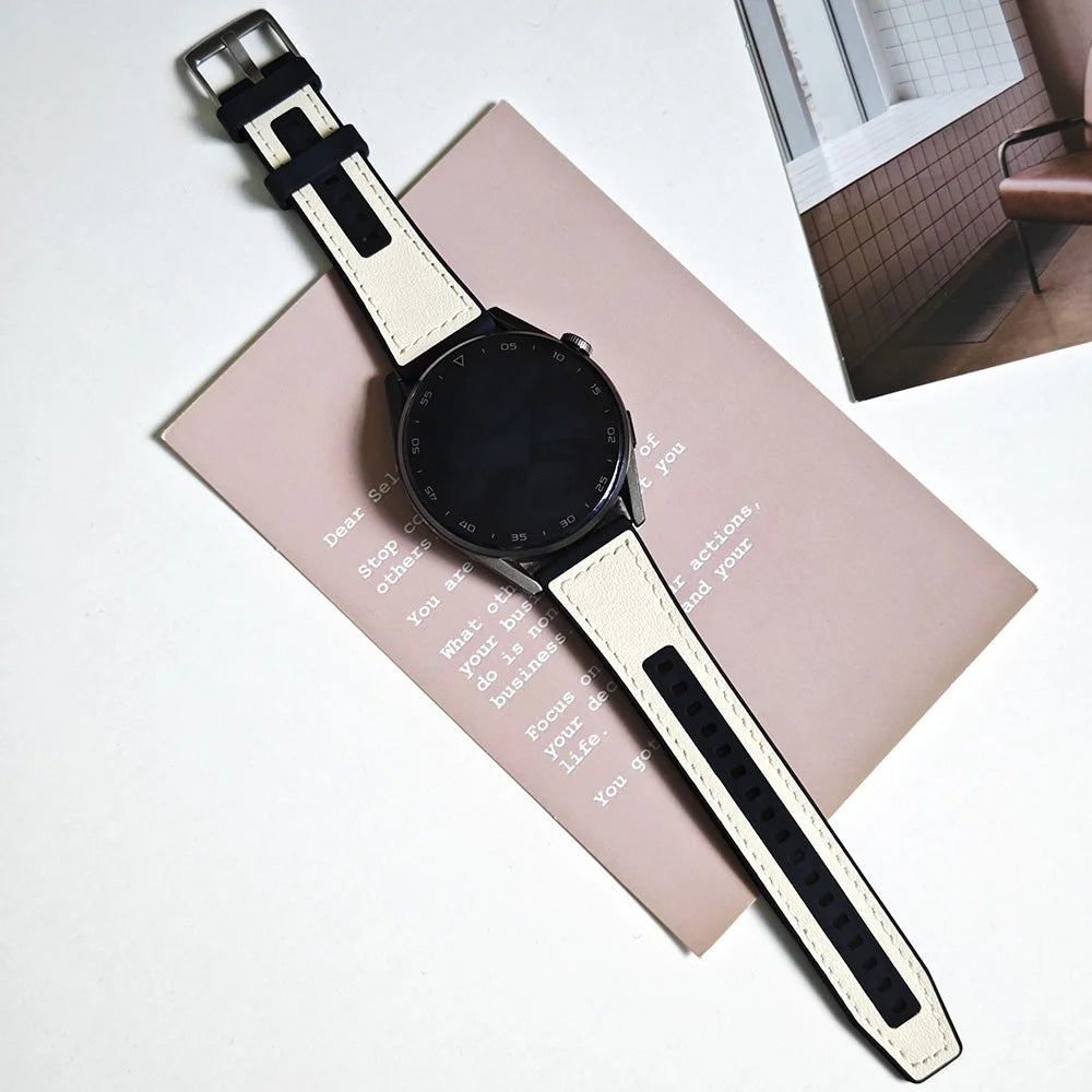 For Samsung Galaxy Watch6 Classic 47mm 43mm / GarminActive 5 20mm Watch Band Cowhide Leather Silicone Strap - White+Black - 2
