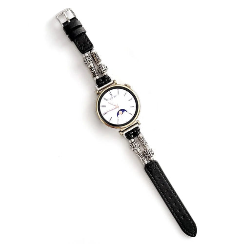 For Huawei Watch GT 4 41mm / Garmin Venu 3S 18mm Watch Band PU Leather Beads Wrist Strap - Black - 1