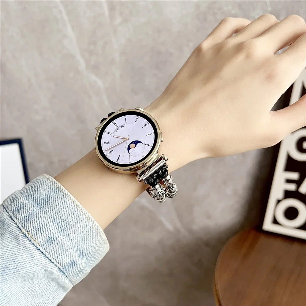 For Huawei Watch GT 4 41mm / Garmin Venu 3S 18mm Watch Band PU Leather Beads Wrist Strap - Black - 2