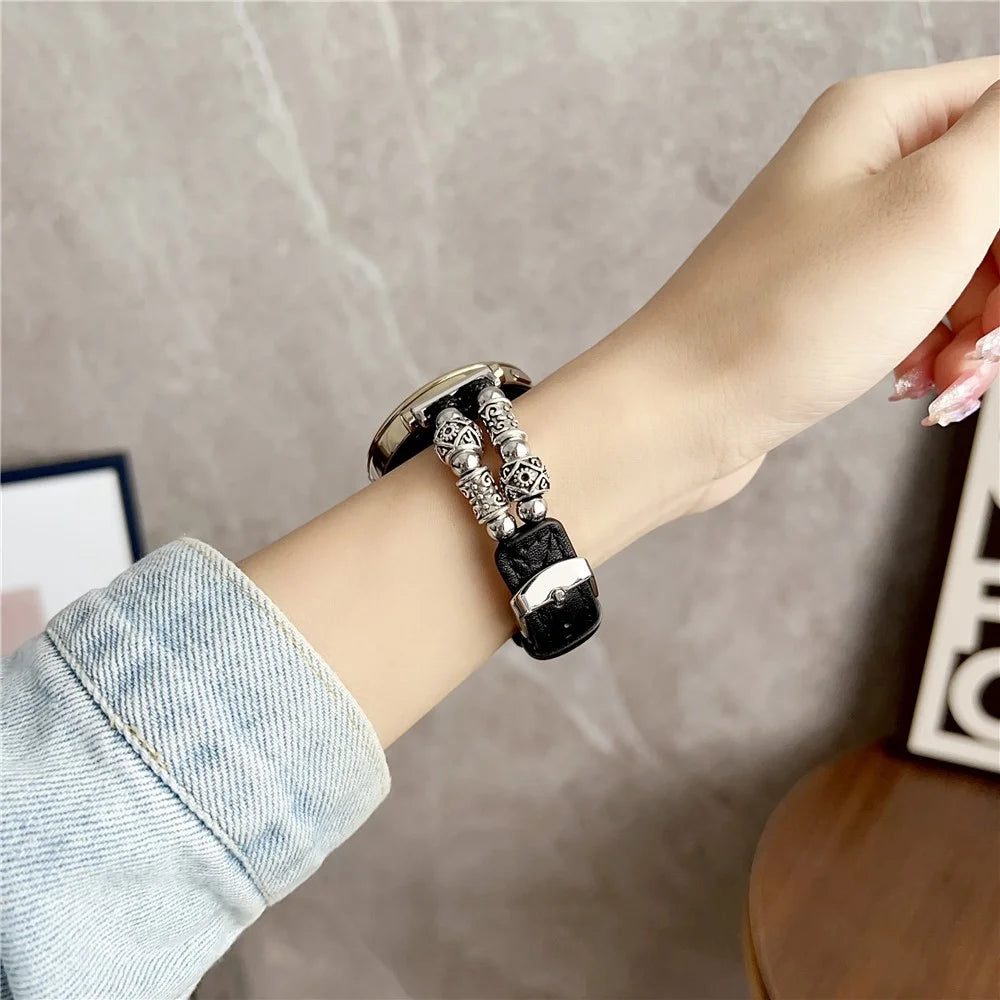 For Huawei Watch GT 4 41mm / Garmin Venu 3S 18mm Watch Band PU Leather Beads Wrist Strap - Black - 3