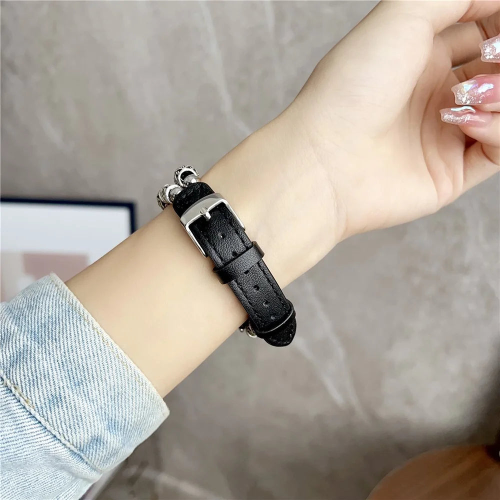For Huawei Watch GT 4 41mm / Garmin Venu 3S 18mm Watch Band PU Leather Beads Wrist Strap - Black - 4