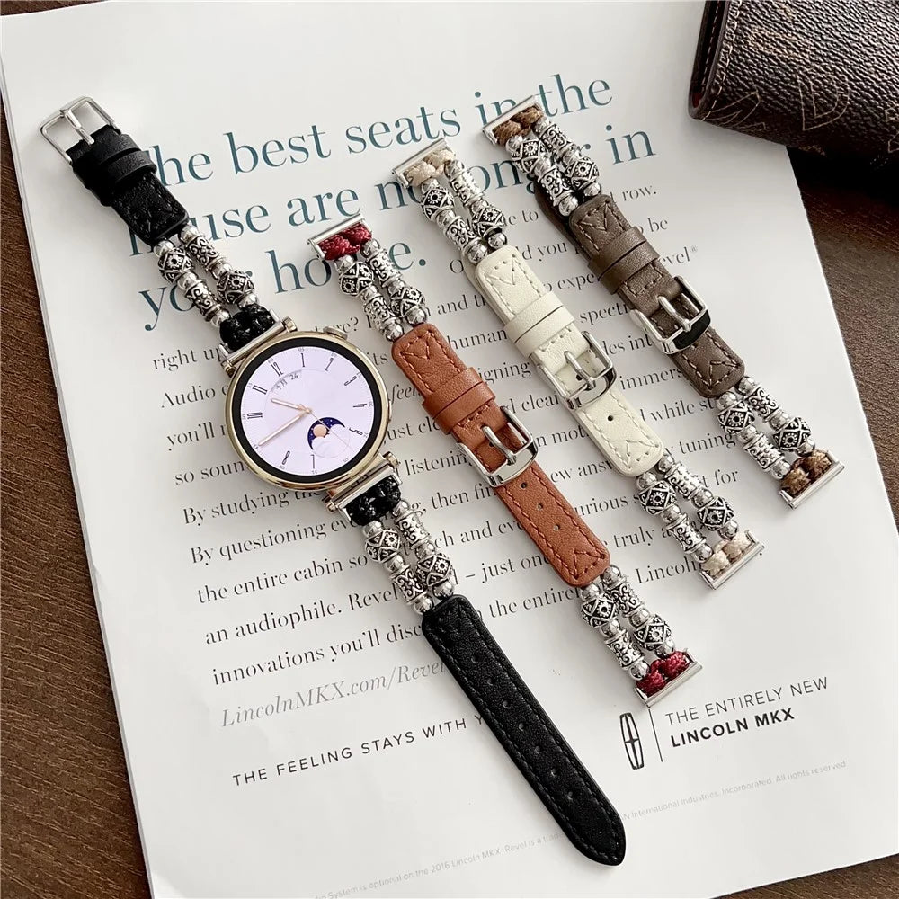 For Huawei Watch GT 4 41mm / Garmin Venu 3S 18mm Watch Band PU Leather Beads Wrist Strap - Black - 6