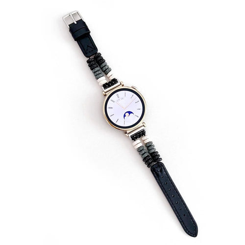 For Huawei Watch GT 4 41mm / Garmin Venu 3S 18mm Leather Watch Strap Volcanic Rock Beads Band - Black - 1