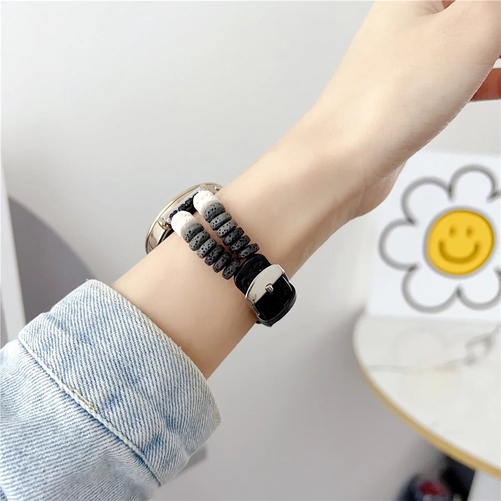 For Huawei Watch GT 4 41mm / Garmin Venu 3S 18mm Leather Watch Strap Volcanic Rock Beads Band - Black - 3