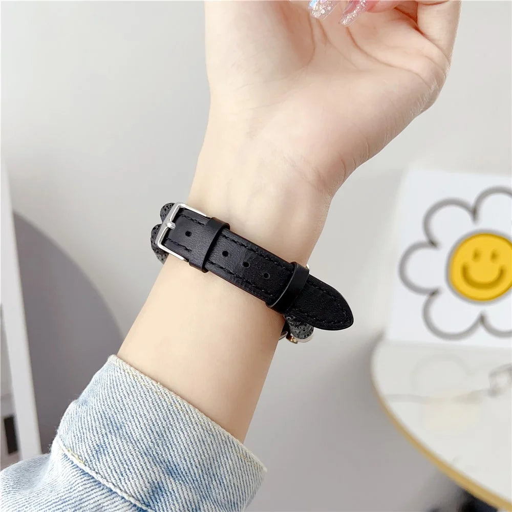 For Huawei Watch GT 4 41mm / Garmin Venu 3S 18mm Leather Watch Strap Volcanic Rock Beads Band - Black - 4