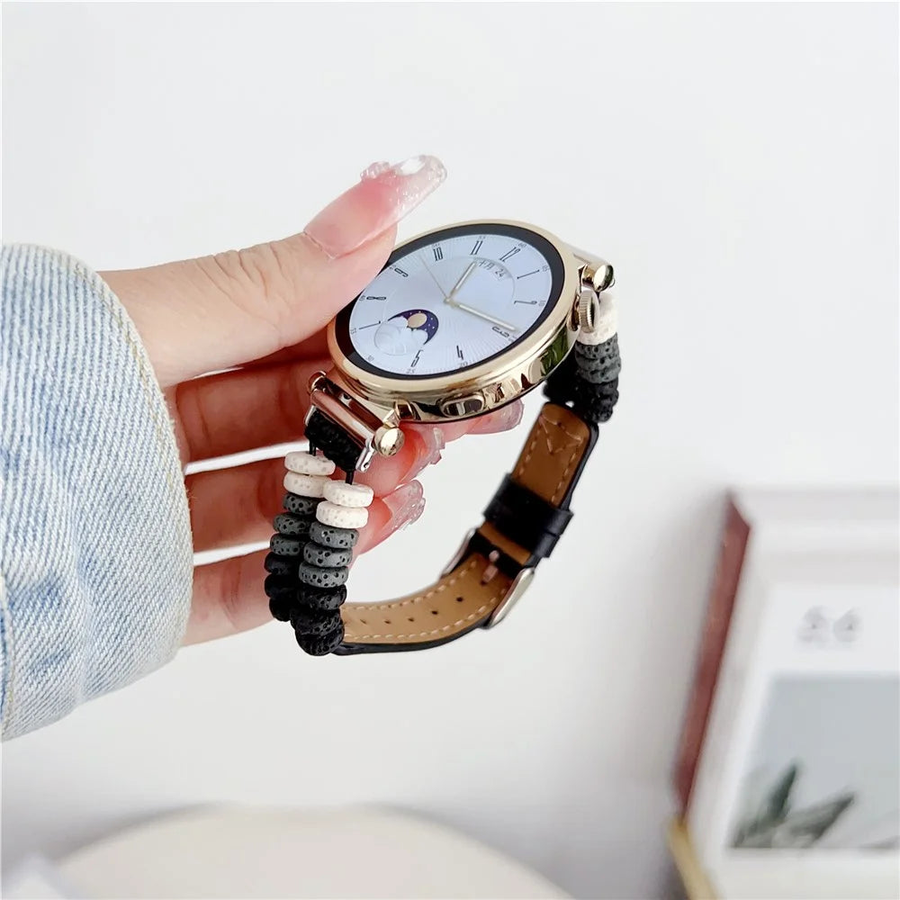 For Huawei Watch GT 4 41mm / Garmin Venu 3S 18mm Leather Watch Strap Volcanic Rock Beads Band - Black - 5