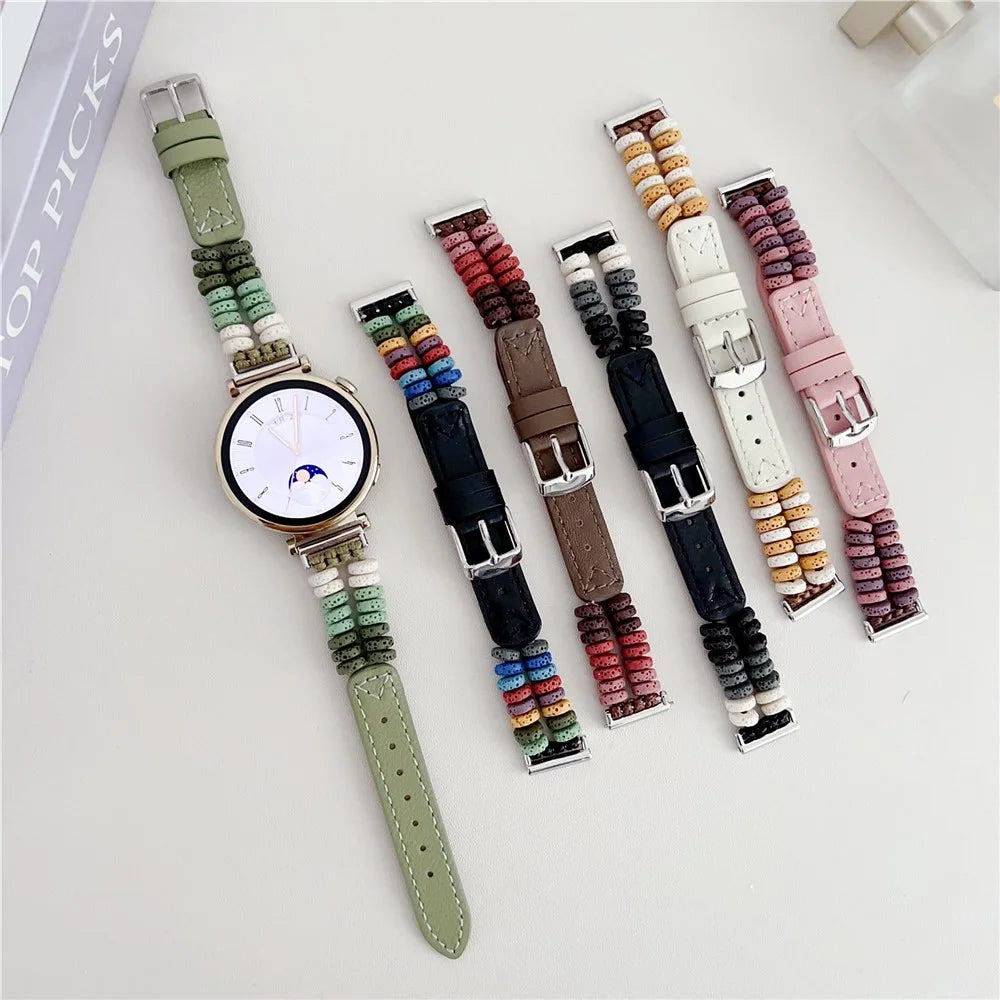 For Huawei Watch GT 4 41mm / Garmin Venu 3S 18mm Leather Watch Strap Volcanic Rock Beads Band - Black - 6