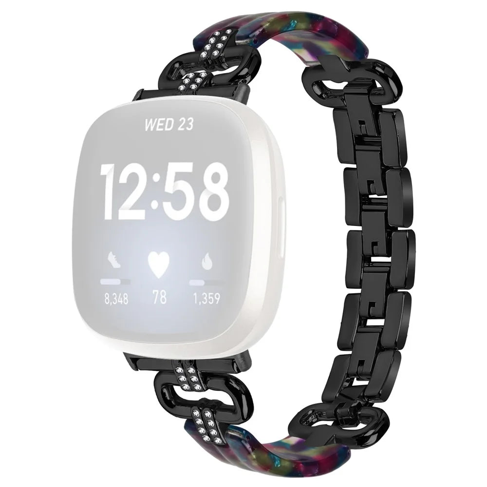For Fitbit Versa 4 / Sense 2 Smartwatch Band Resin+Rhinestone Strap - Black - 1