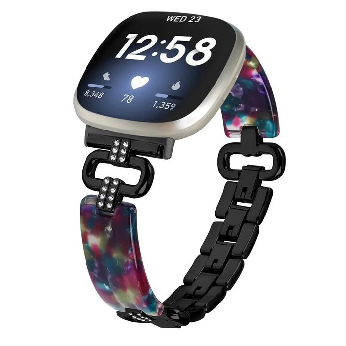 For Fitbit Versa 4 / Sense 2 Smartwatch Band Resin+Rhinestone Strap - Black - 3