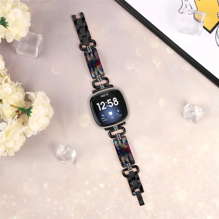 For Fitbit Versa 4 / Sense 2 Smartwatch Band Resin+Rhinestone Strap - Black - 5