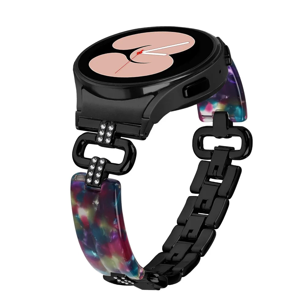 For Samsung Galaxy Watch6 40mm / 44mm / Watch6 Classic 43mm / 47mm Resin+Stainless Steel Strap Replacement Band - Black / Purple+Green Pattern - 3
