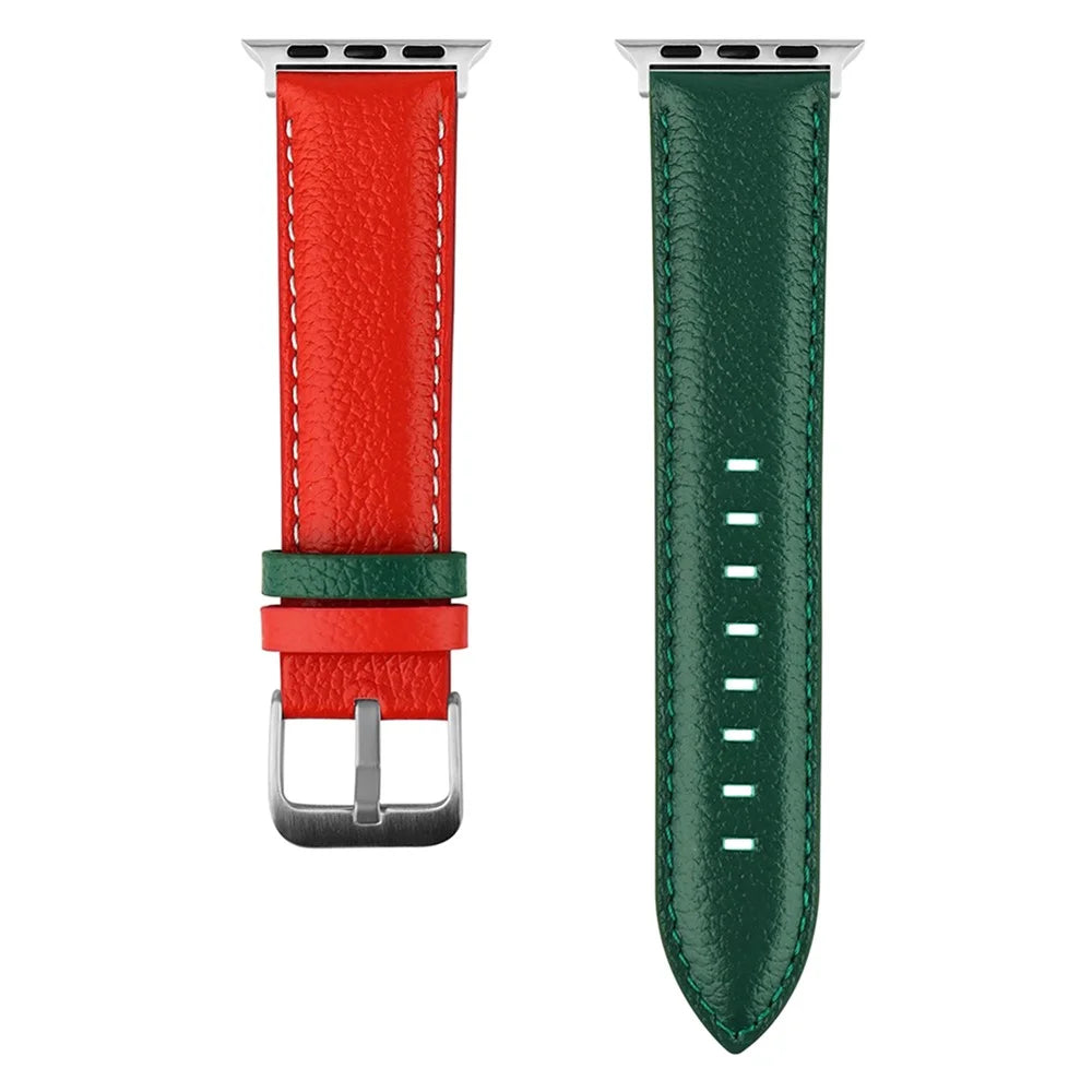 For Apple Watch Ultra 3 2 1 49mm / Series 11 10 46mm / 9 8 7 45mm / SE3 SE2 SE 6 5 4 44mm / 3 2 1 42mm Strap AW Cow Leather Watchband - Red  /  Green - 1