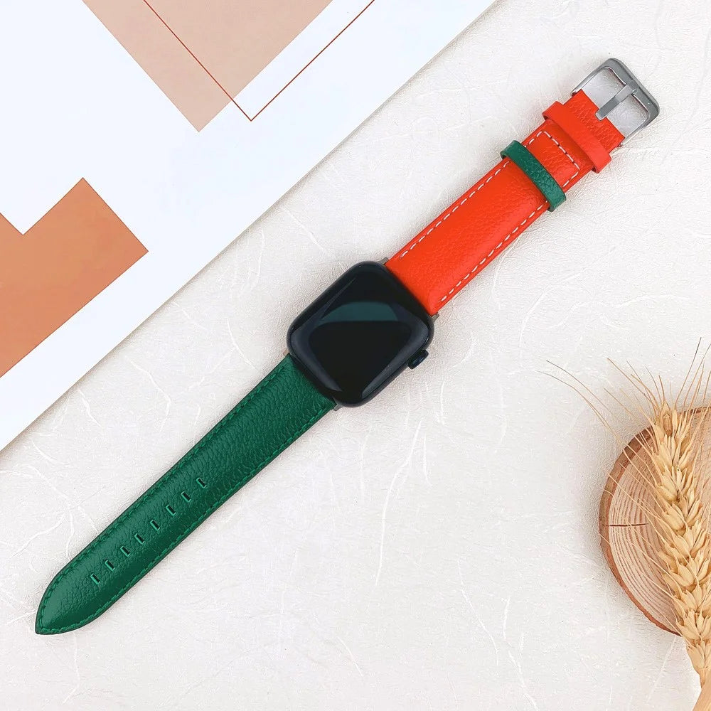 For Apple Watch Ultra 3 2 1 49mm / Series 11 10 46mm / 9 8 7 45mm / SE3 SE2 SE 6 5 4 44mm / 3 2 1 42mm Strap AW Cow Leather Watchband - Red  /  Green - 2
