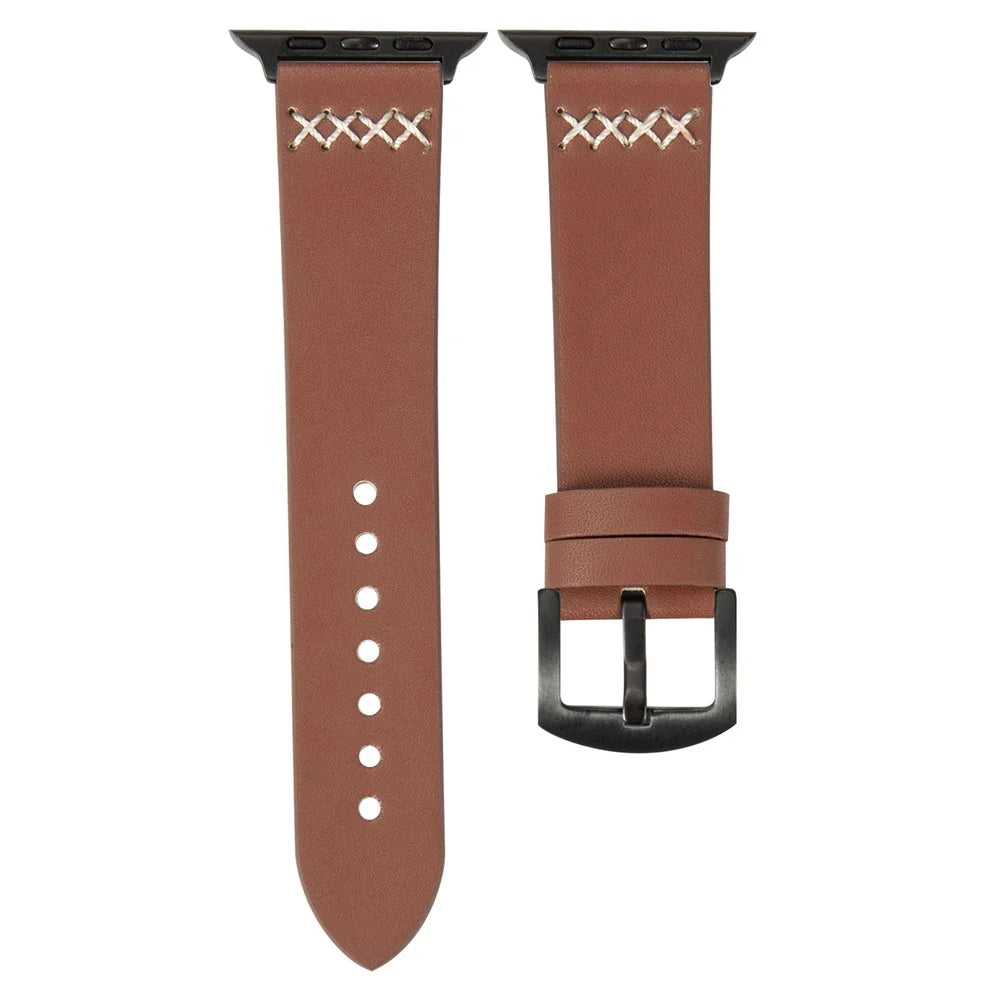 Watch Strap for Apple Watch Series 11 10 42mm / 9 8 7 41mm / SE3 SE2 SE 6 5 4 40mm / 3 2 1 38mm Cross Stitch Leather Watch Band - Brown - 1