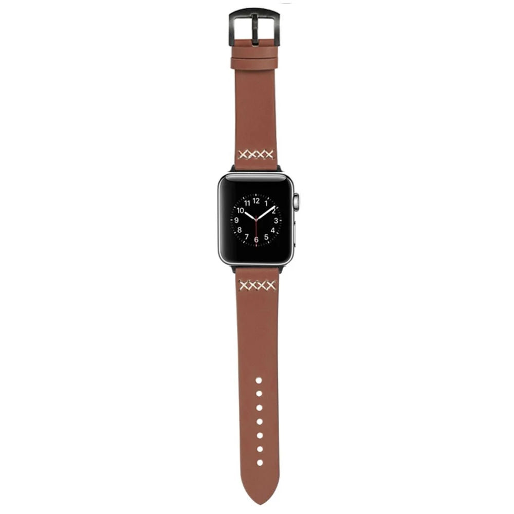 Watch Strap for Apple Watch Series 11 10 42mm / 9 8 7 41mm / SE3 SE2 SE 6 5 4 40mm / 3 2 1 38mm Cross Stitch Leather Watch Band - Brown - 3